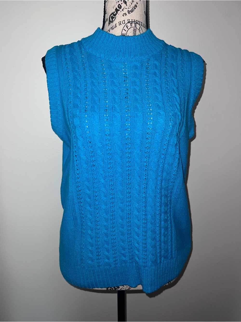 Vibrant Cerulean Blue Cable Knit Mock Neck Sweater Vest - Size Medium